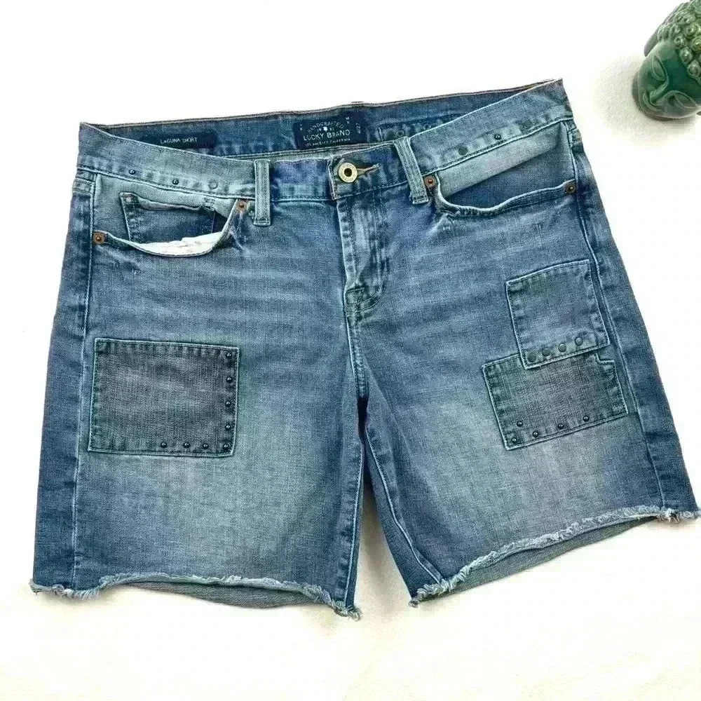 Lucky Brand Retro Faded Patchwork Whisker Frayed Denim Jean Shorts Size 4/27